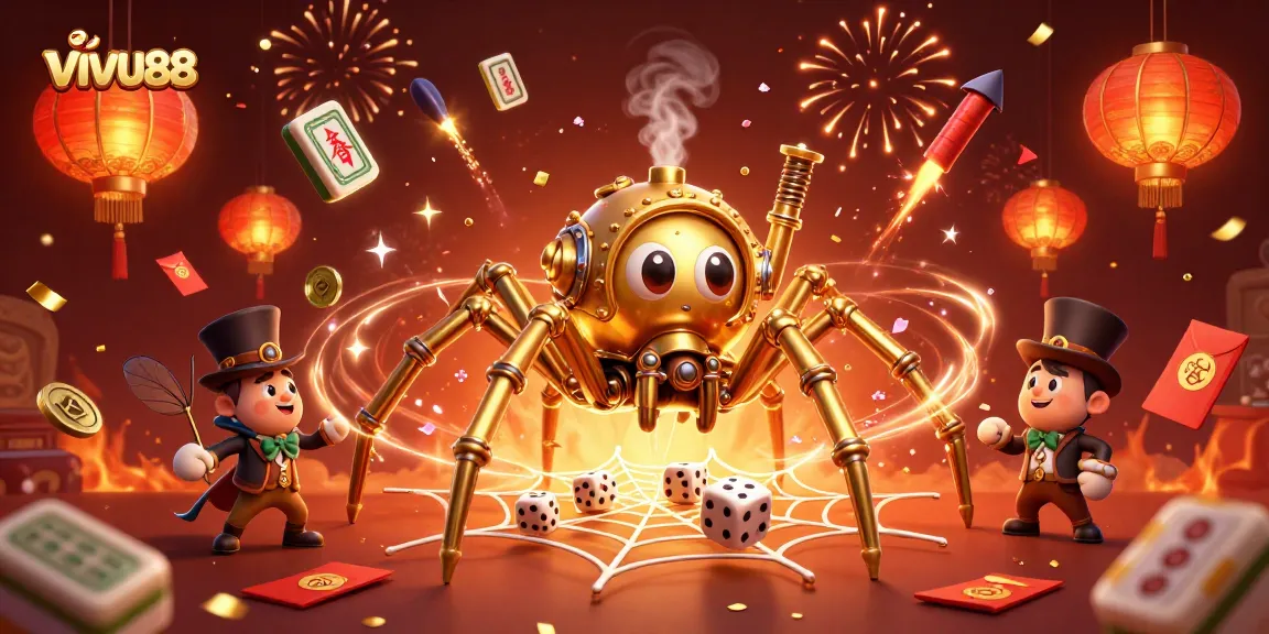 Win big at VIVU88 with a vibrant casino scene featuring a steampunk spider web of gaming thrills.