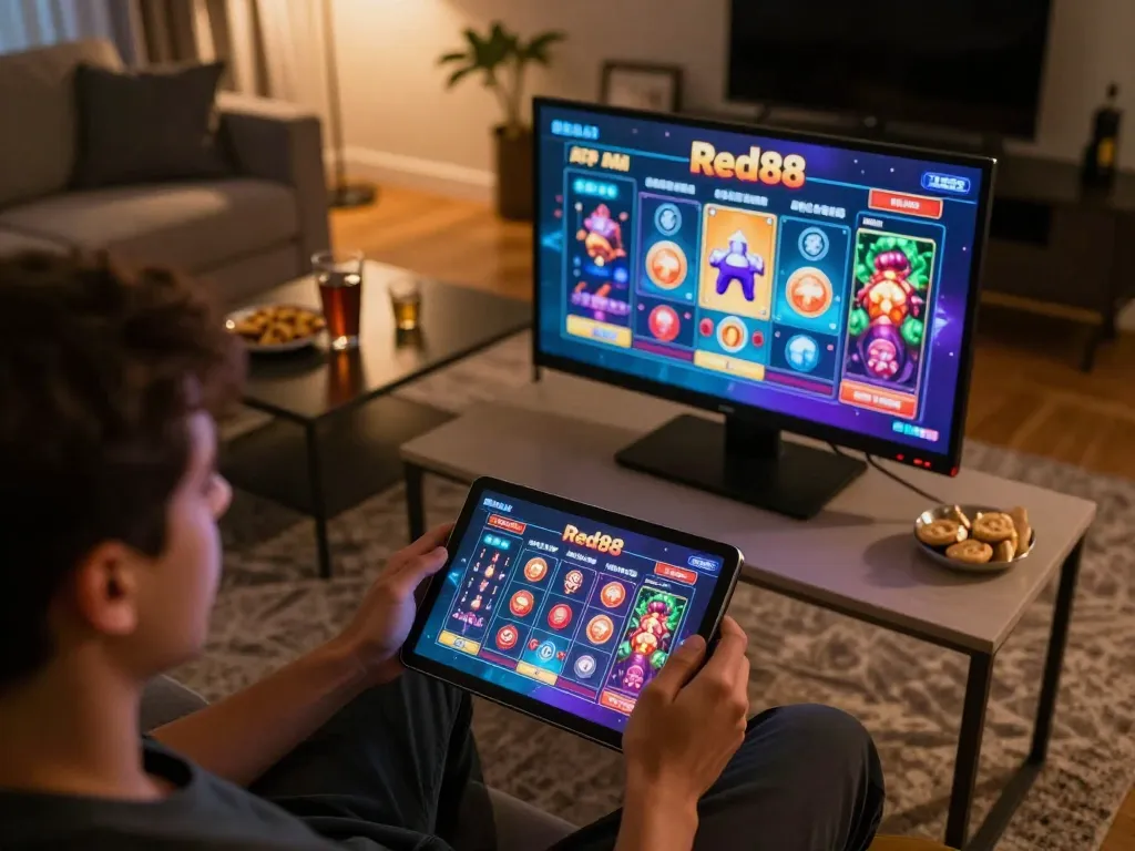 Engaged user playing casino games on the App Red88 in a cozy home setting