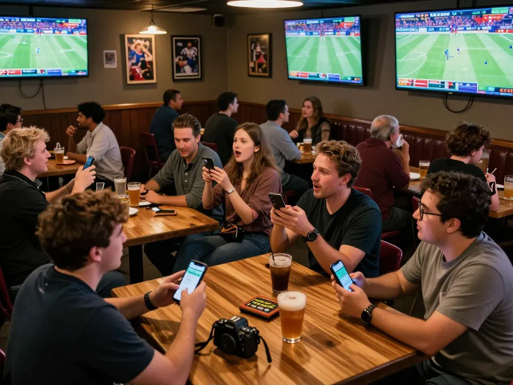 Engaged patrons at Uk 88 sports bar reviewing bets on smartphones with live sports highlights.