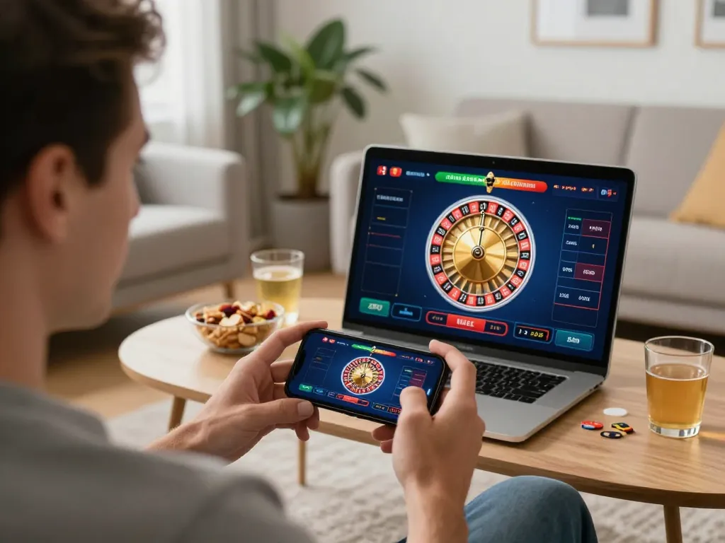 79sodoe user engaging in mobile casino betting while enjoying some snacks and drinks in a cozy atmosphere.