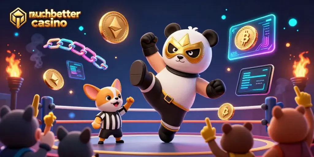 The dynamic scene of a muchbetter casino featuring a panda wrestler and cheering animal spectators celebrating crypto wins.