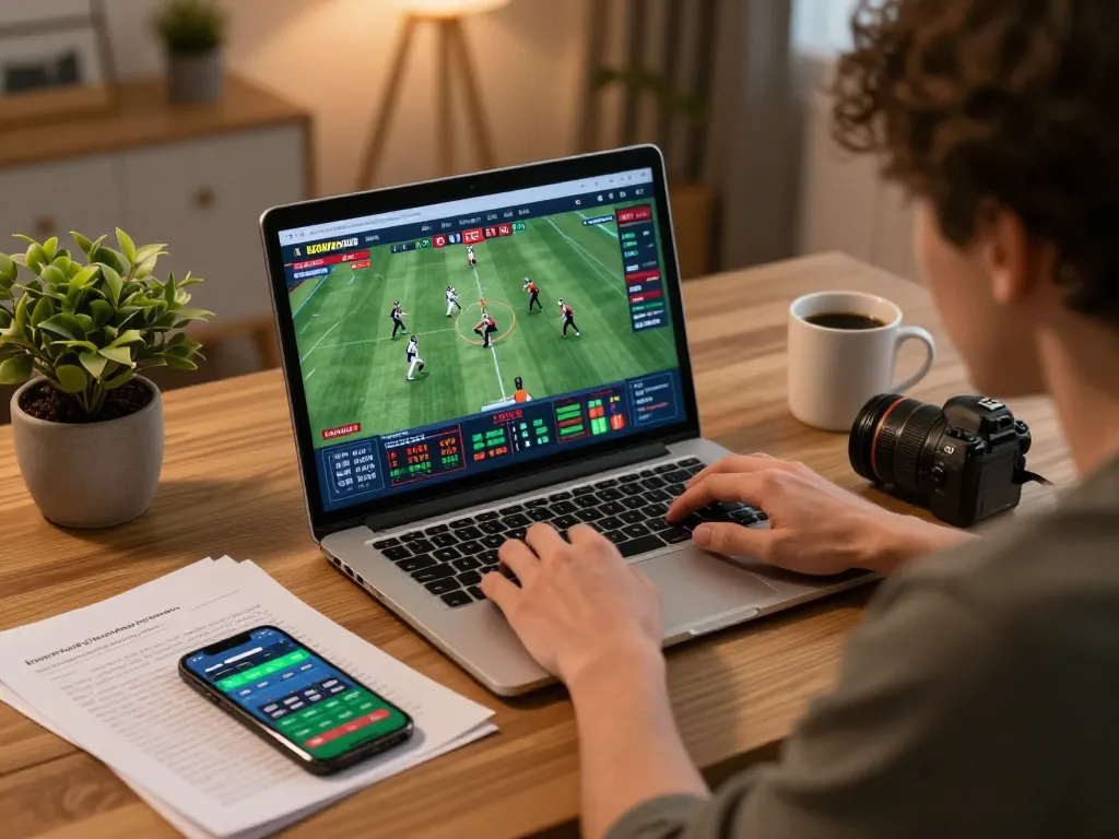 Tỷ lệ kèo nhà cái 5 being analyzed by a focused gambler using a laptop in a cozy home office.