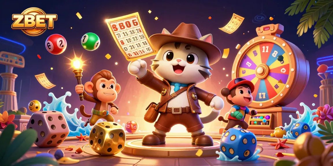 ZBET showcases an adventurous cat unearthing a golden casino treasure with his monkey friend amid vibrant gambling elements.