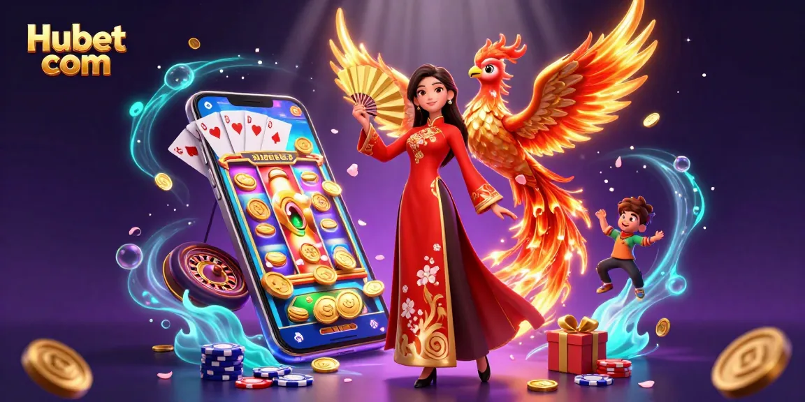 Engage with thrilling gameplay at Hubet com featuring slot games, a Vietnamese beauty, and a flaming phoenix.
