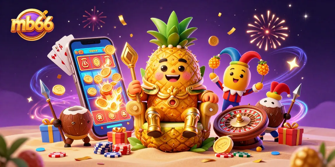 Experience thrilling gaming action at mb66 with a dazzling casino scene featuring a pineapple king and lively characters.