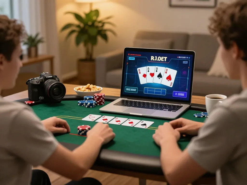88VIN player enjoying online poker from home with laptop and snacks in cozy setting.