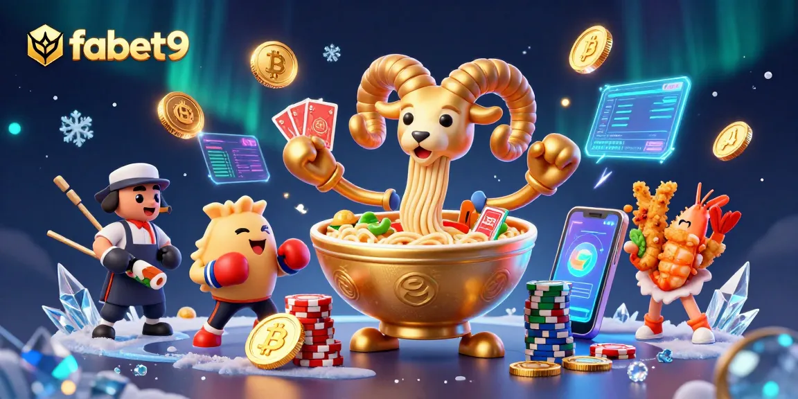Experience the excitement of fabet9 with a vibrant casino scene featuring unique 3D characters and crypto elements.