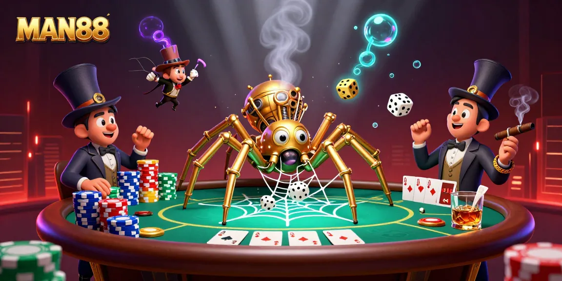 Engage with MAN88's thrilling poker scene, featuring a steampunk spider and playful fly amidst vibrant casino elements.