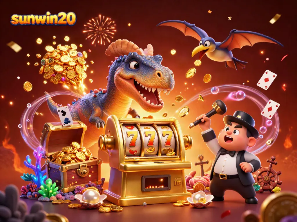 sunwin20 rewards players with a thrilling jackpot scene as the pachycephalosaurus celebrates winning coins from a slot machine.