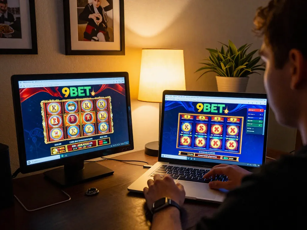 Engaged player using 9BET for online casino gameplay on a cozy laptop setup