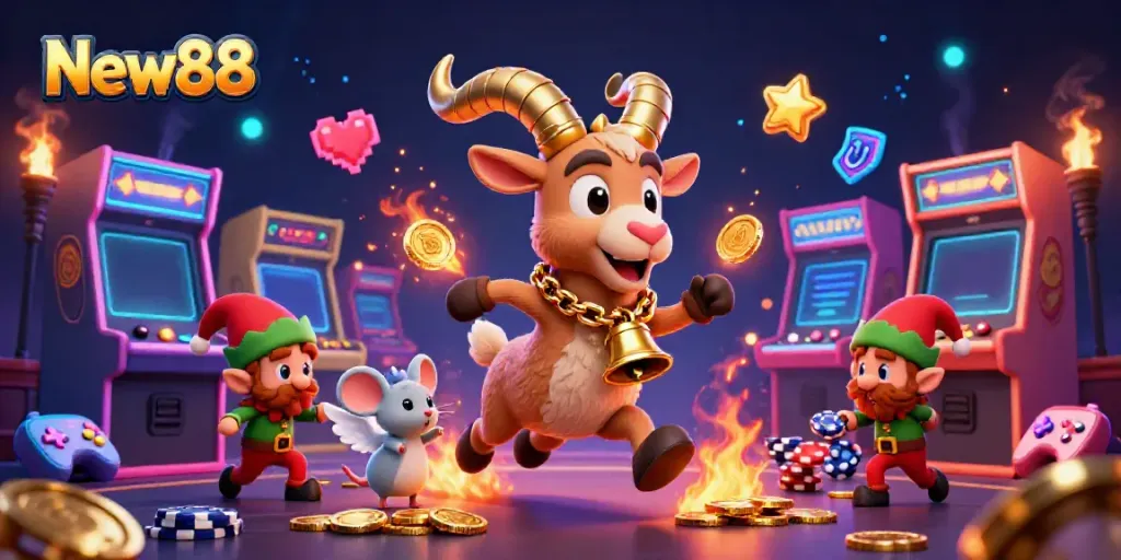 Experience thrilling gameplay at New88 with a festive holiday-casino twist showcasing Krampus, an angel mouse, and greedy elves.
