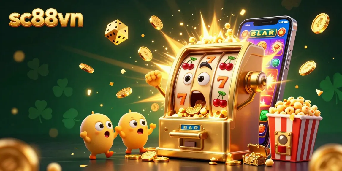 Engage with the exciting world of sc88vn as a golden slot machine hits the jackpot amidst cheers and gold coins.
