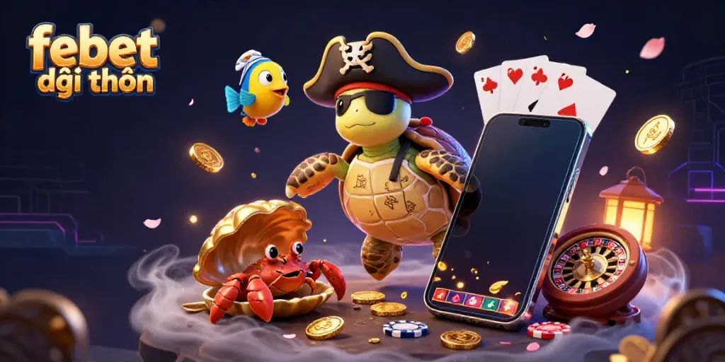 Experience exciting gambling with febet đổi thưởng as a pirate turtle and friends explore treasures, slot games, and cards.