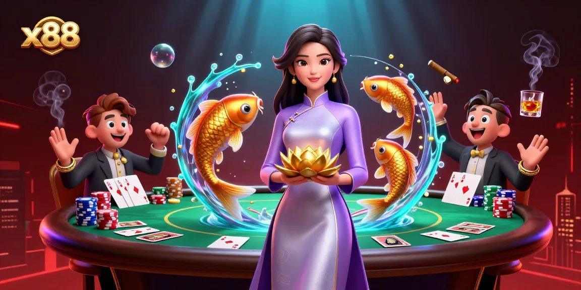 Experience the thrill of x88 at a vibrant poker table with golden koi fish and elegant ambiance.