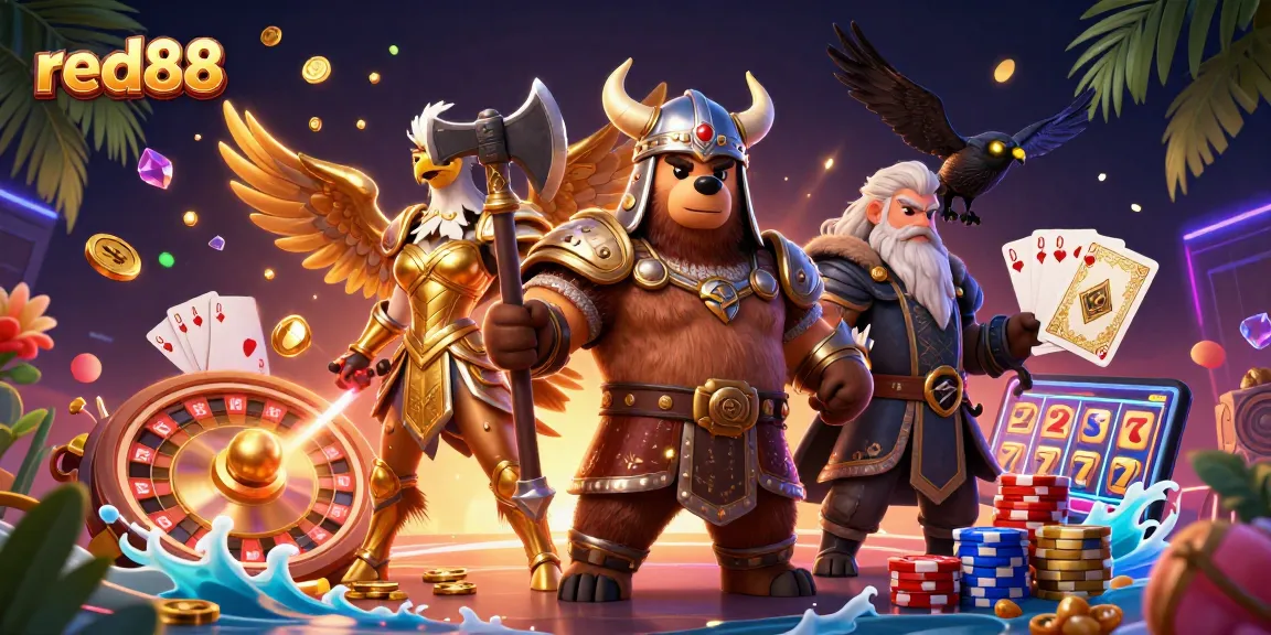 Experience the thrill of red88 with 3D characters and vibrant casino elements in an engaging digital illustration.