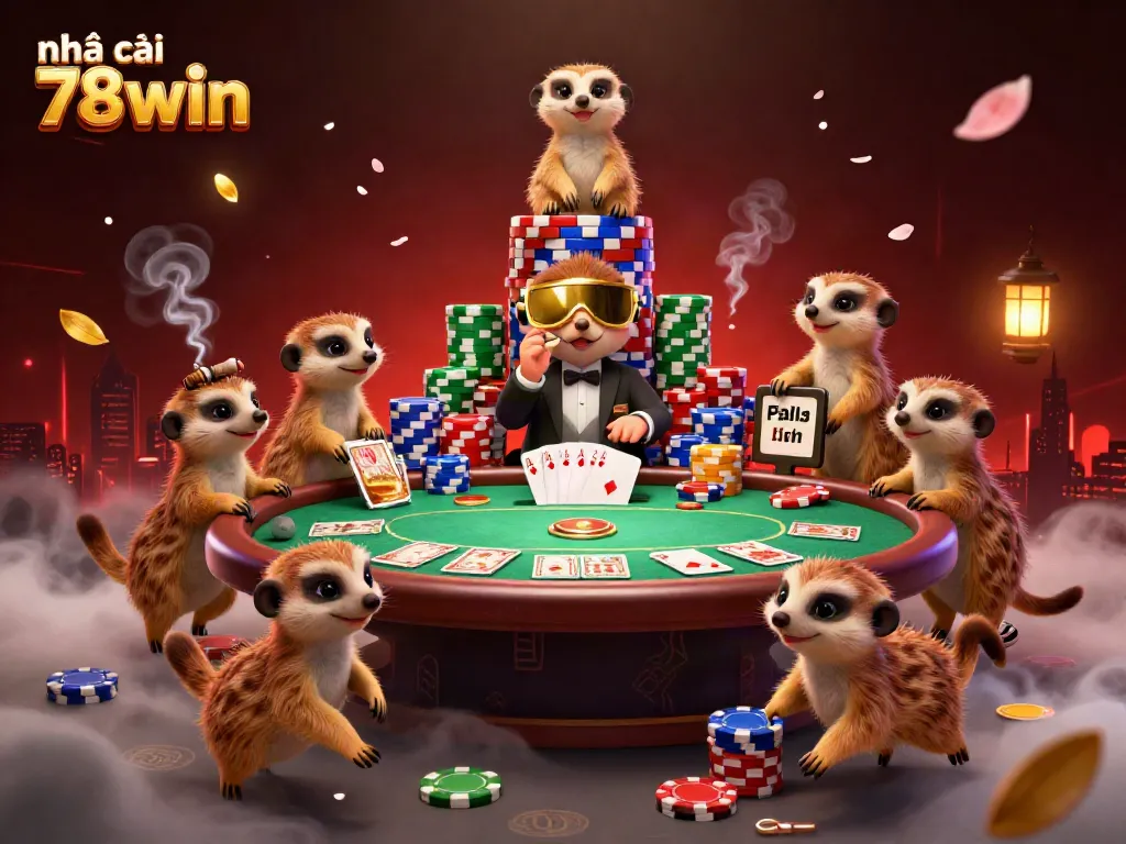 Experience the vibrant energy of nhà cái 78win in this immersive casino scene featuring cartoon meerkats engaging in high-stakes gaming.