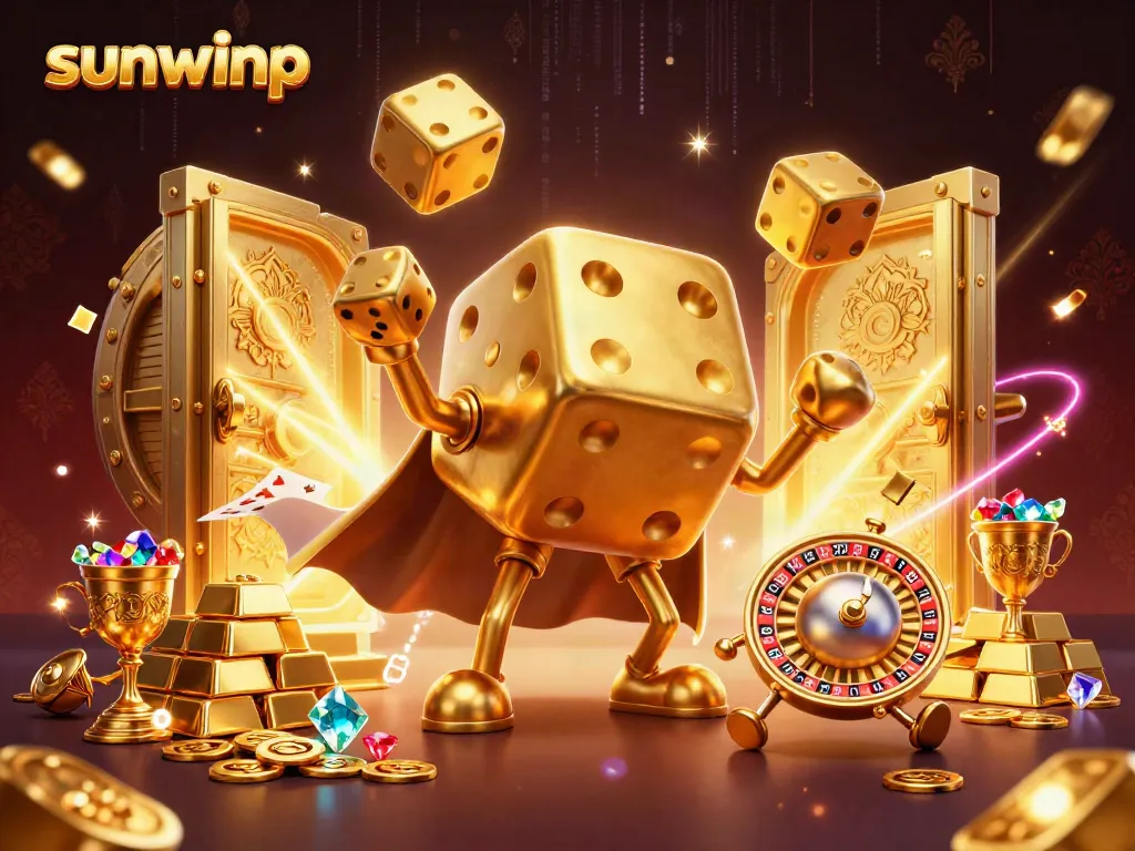 Experience vibrant gaming action with sunwinp illustrated in a 3D dynamic scene of golden dice and treasures.