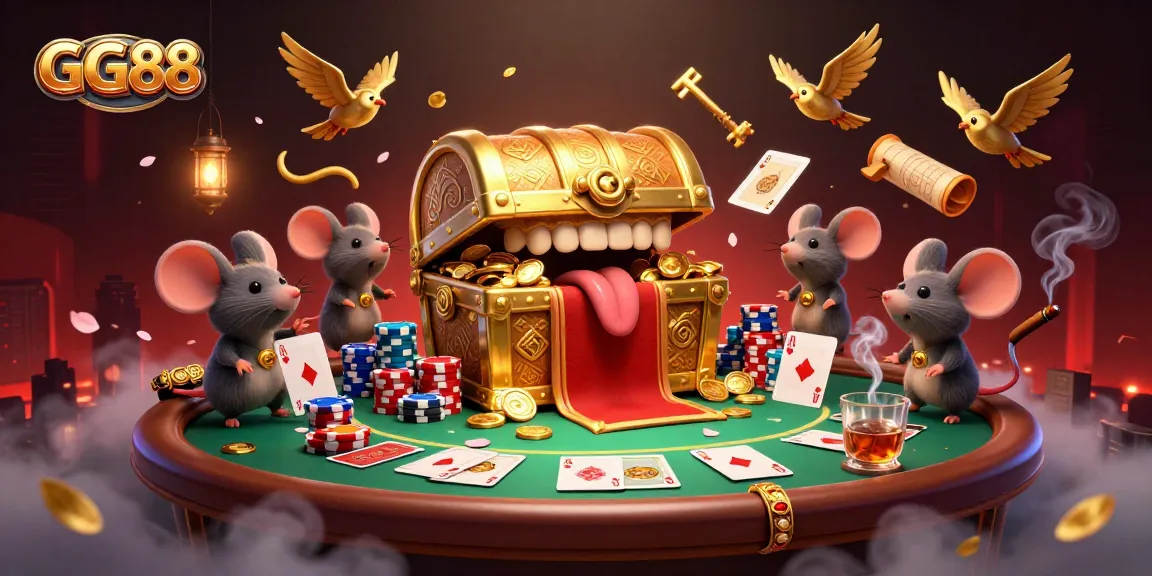Experience the thrill at GG88 with a vibrant illustration of a cartoon treasure chest enticing adventurers.
