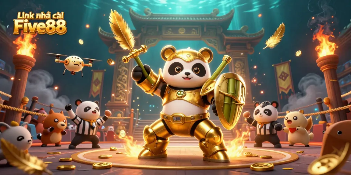Engage with the vibrant Link nhà cái Five88 illustration featuring a dynamic 3D panda robot in an exhilarating arena.