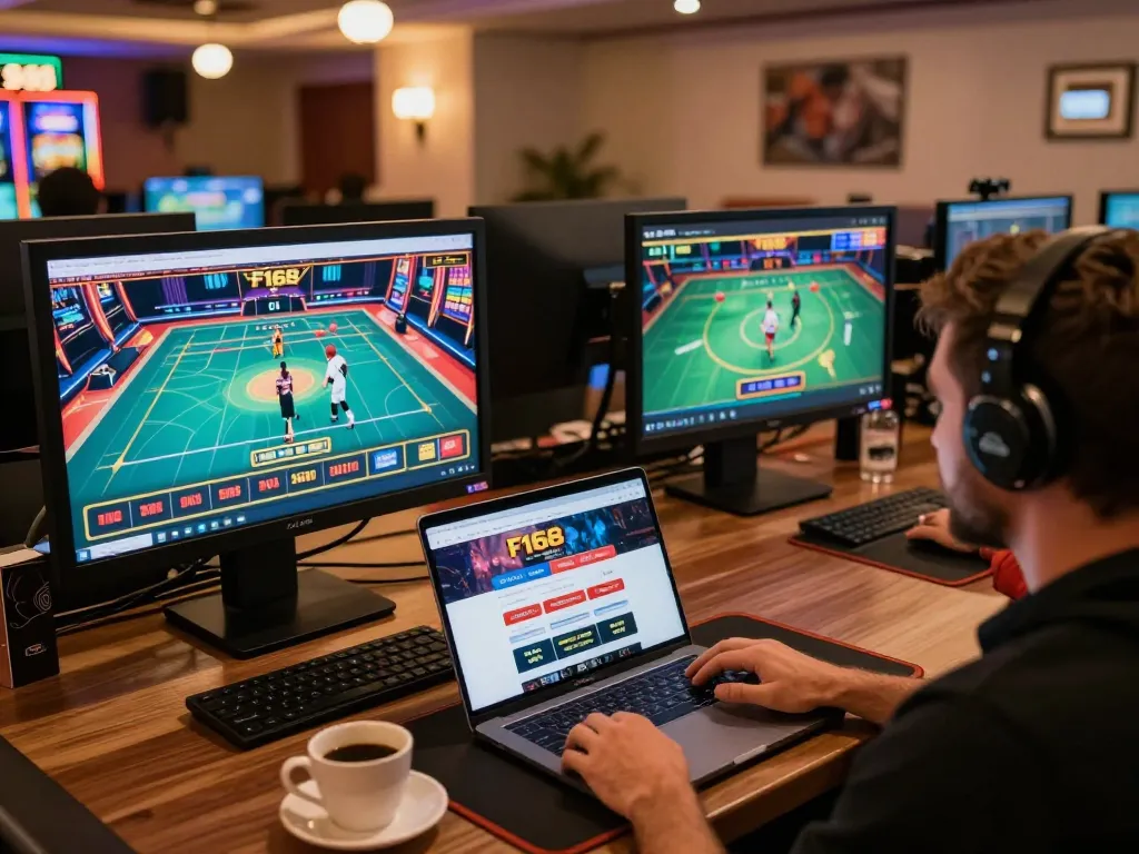 F168 player engaging in online casino games, showcasing live dealer excitement and bonuses