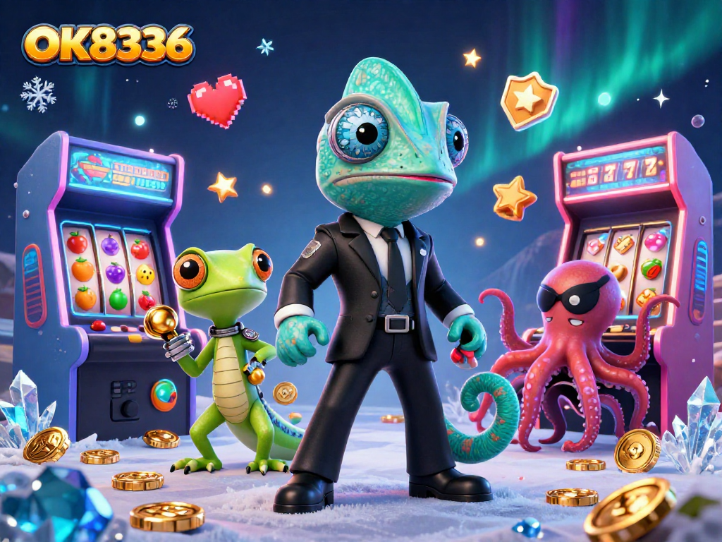 Engage in thrilling gameplay at OK8336 casino with our vibrant 3D illustration featuring chameleon, gecko, and octopus.