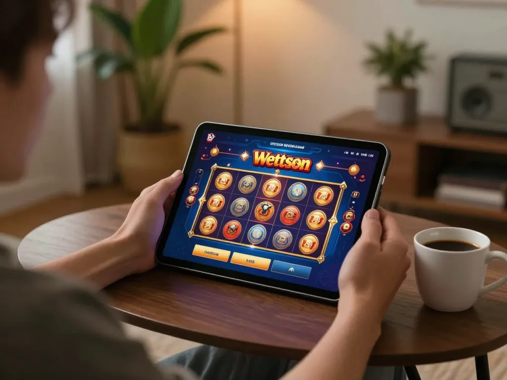 Speler ervaart Wettson Nederland's online casino op een tablet, ontspannen thuisomgeving met warme verlichting.