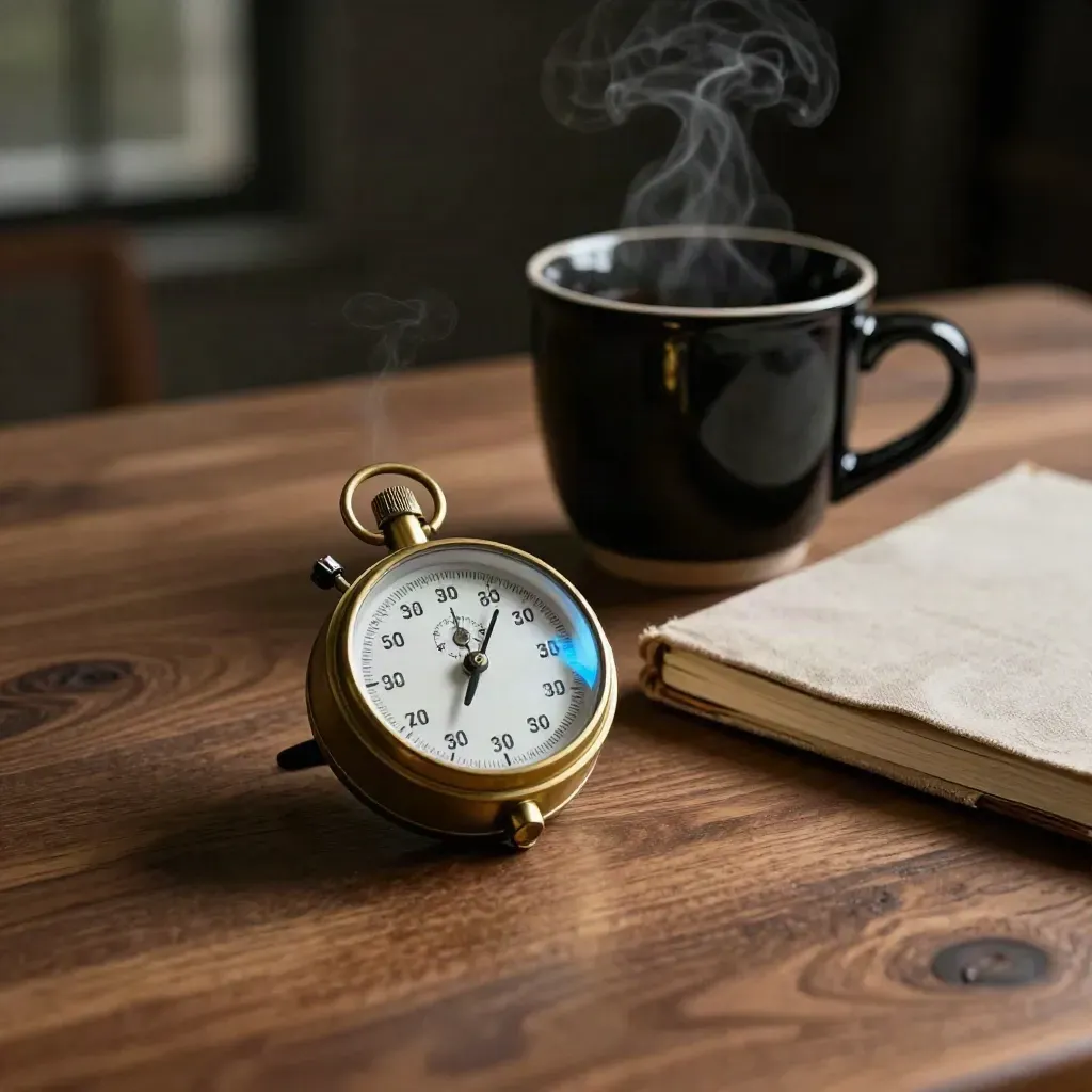 Brass sprinttimer, zwart kopje en linnen notitieboek op warm hout in dramatisch studio-licht.