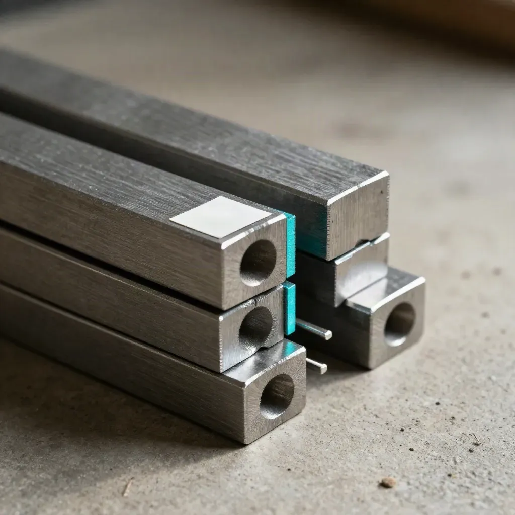 Drie metalen projectblokken met een reminder-tag en stalen verdeler op beton.