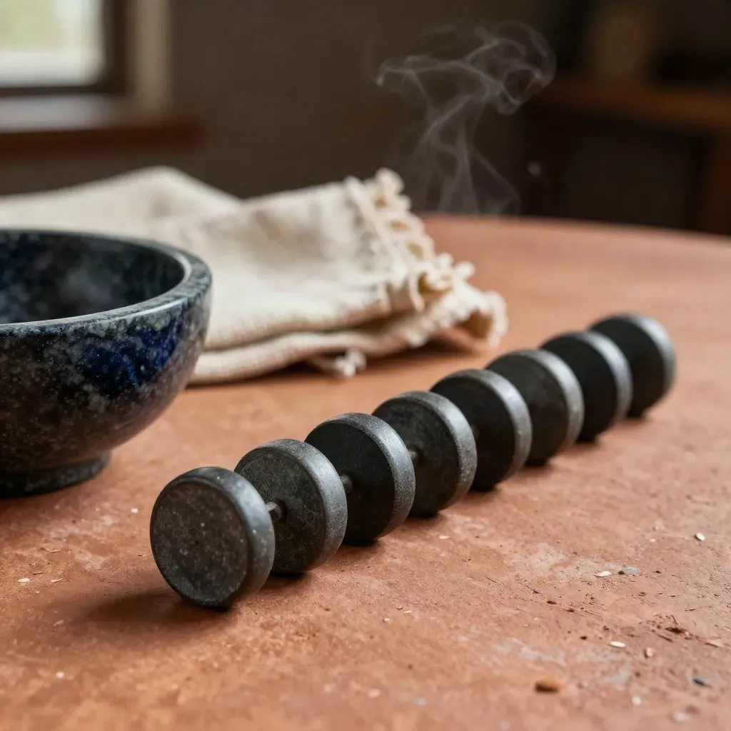 Zeven matte tokens naast een stenen schaal en linnen doek in warm licht.
