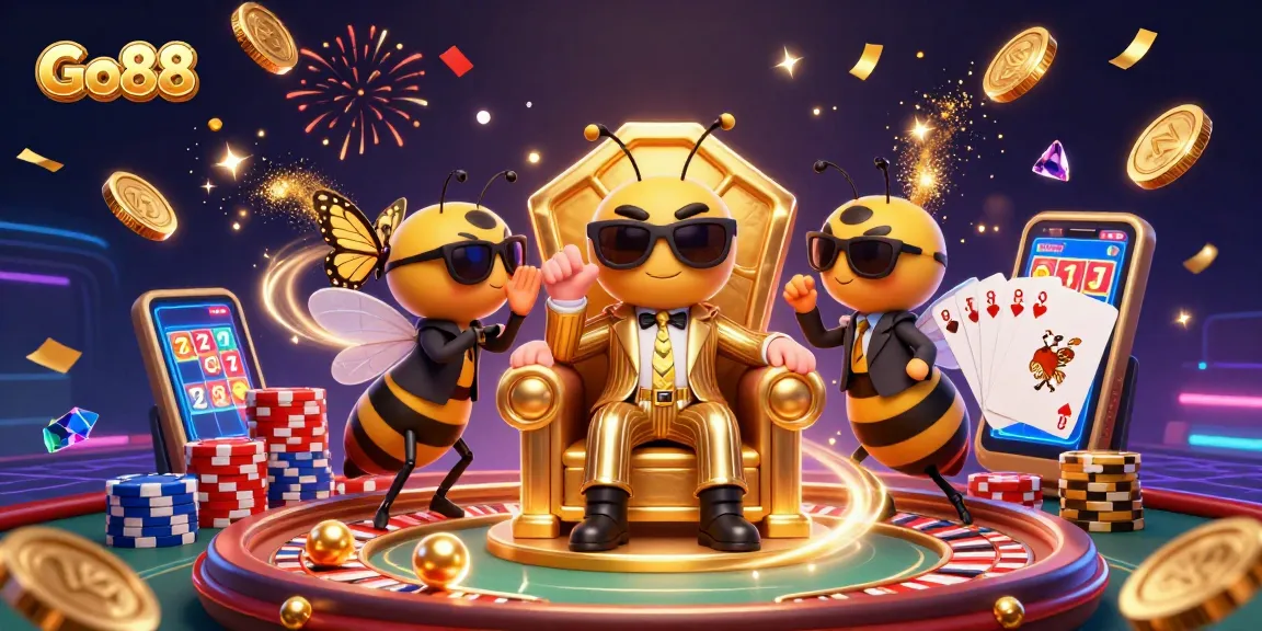 Experience winning thrills at Go88 with colorful casino elements like slots, poker, roulette, and vibrant characters.