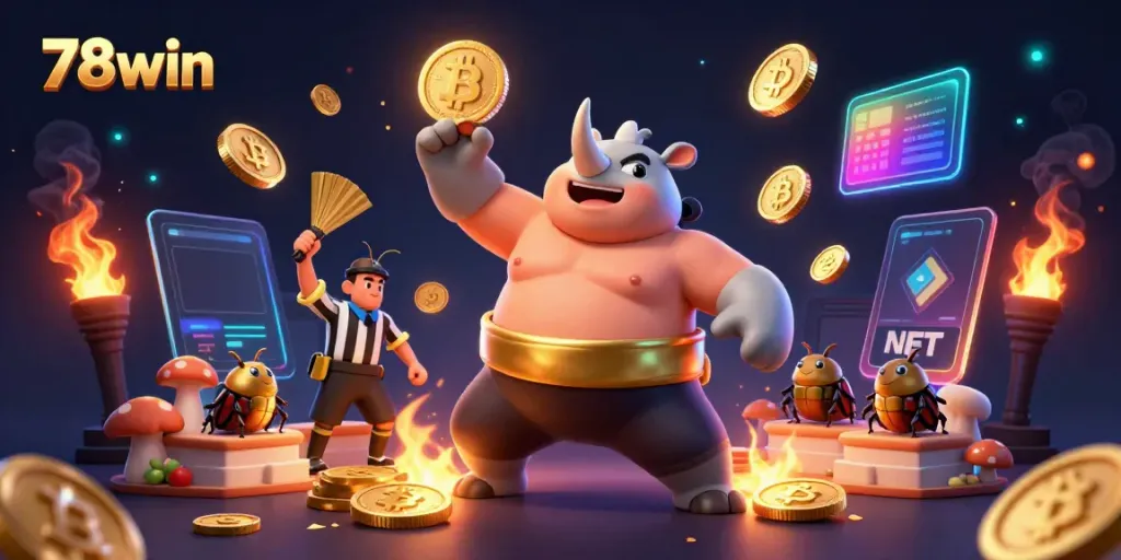 Experience thrilling action at 78win with a sumo champion beetle amid flying coins and crypto elements.