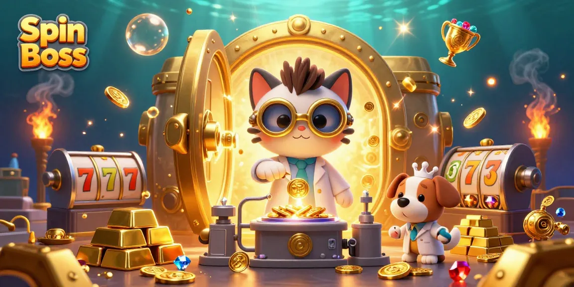 Spin Boss gaming scene with an animated mad scientist cat and dog amidst gold, gems, and slot elements.