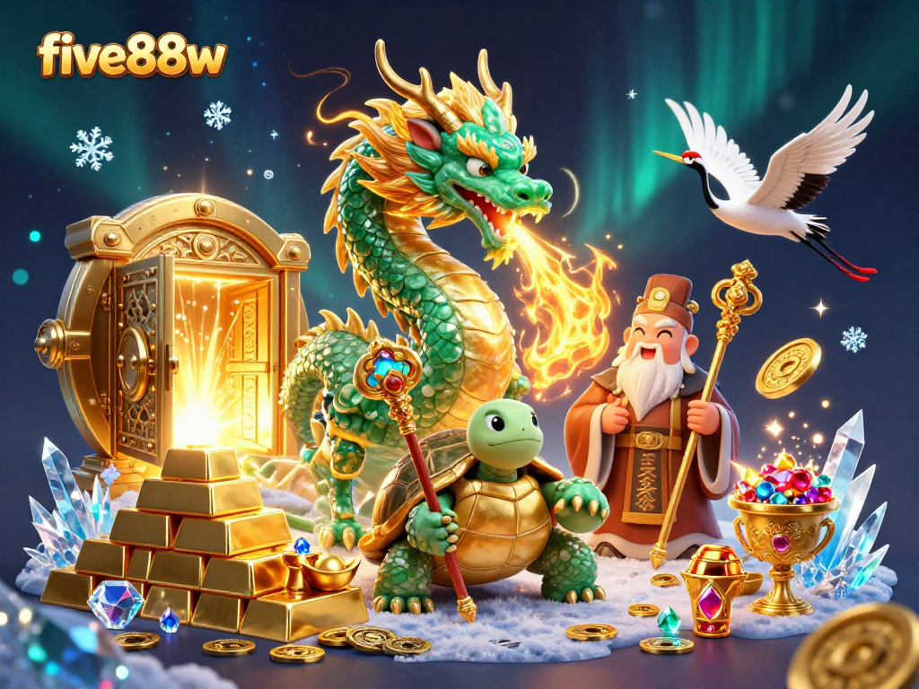 Experience five88w's magical casino world with a jade dragon, turtle sage, and lucky cranes.