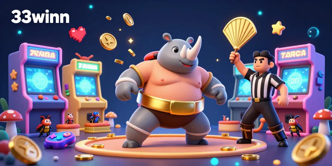 33winn showcases a vibrant casino scene with a rhino beetle champion, coins flying, and colorful game machines.