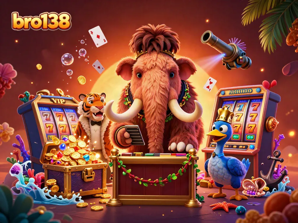 Experience the excitement with bro138 as the woolly mammoth checks IDs at the vibrant casino entrance.