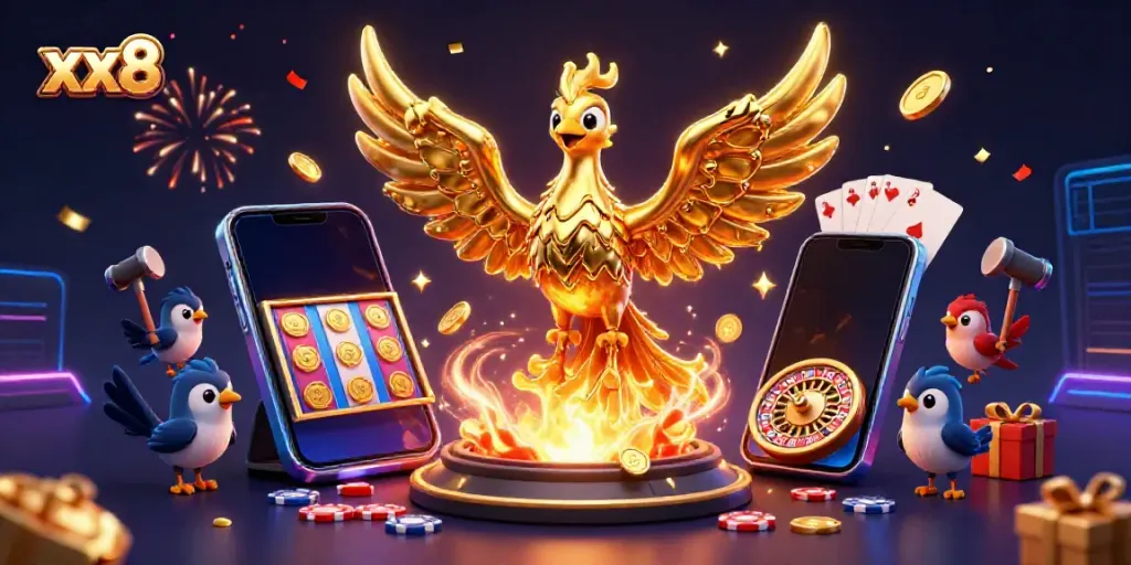 Experience the excitement of xx8 with a dynamic golden phoenix and smartphone, showcasing vibrant casino games.