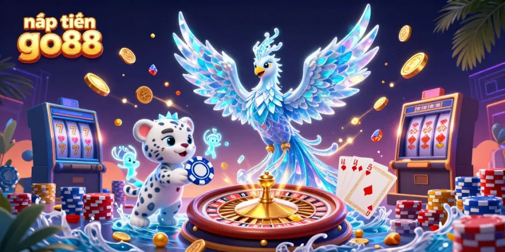Experience the thrill of nạp tiền go88 with a 3D casino scene featuring vibrant characters and dynamic game elements.