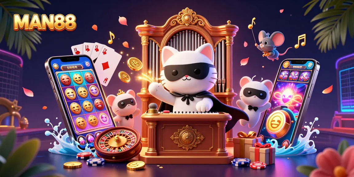Experience incredible gaming action at MAN88 with vibrant characters and dynamic casino elements.