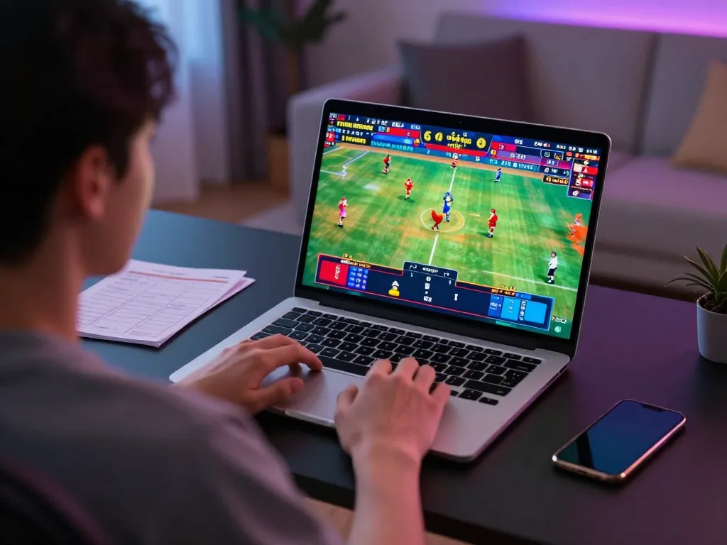 Watching đá gà trực tiếp thomo match live on a laptop in a cozy home office setup