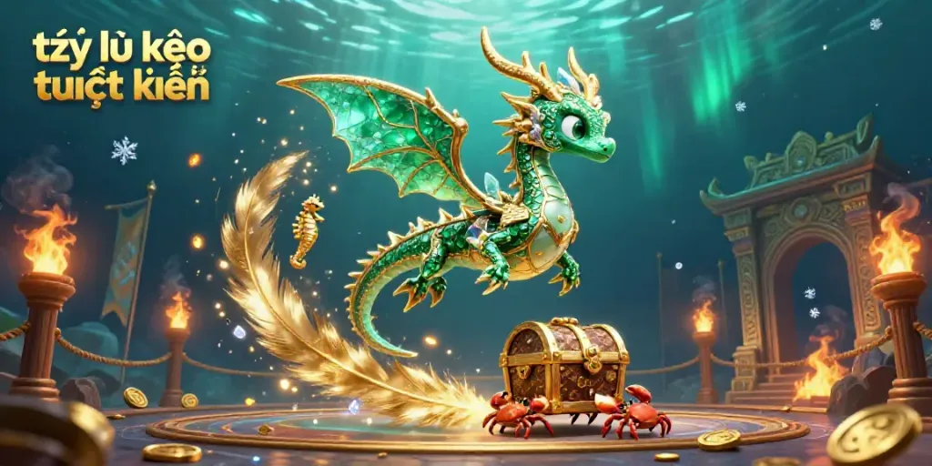 Engaging illustration of tỷ lệ kèo trực tuyến showcasing a sea dragon, betting tokens, and a treasure chest.