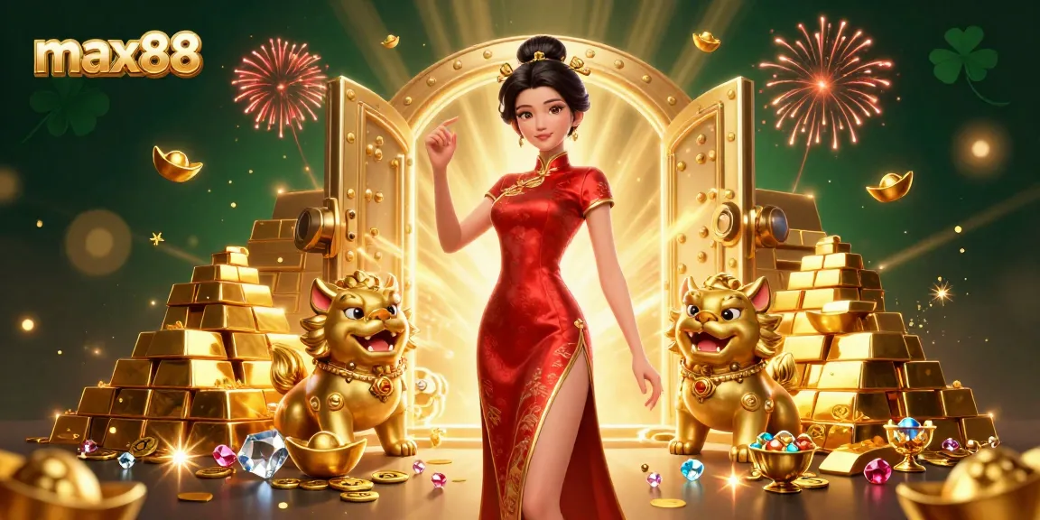 Experience the excitement of max88 with a glamorous Asian woman and golden treasure in a dynamic casino scene.