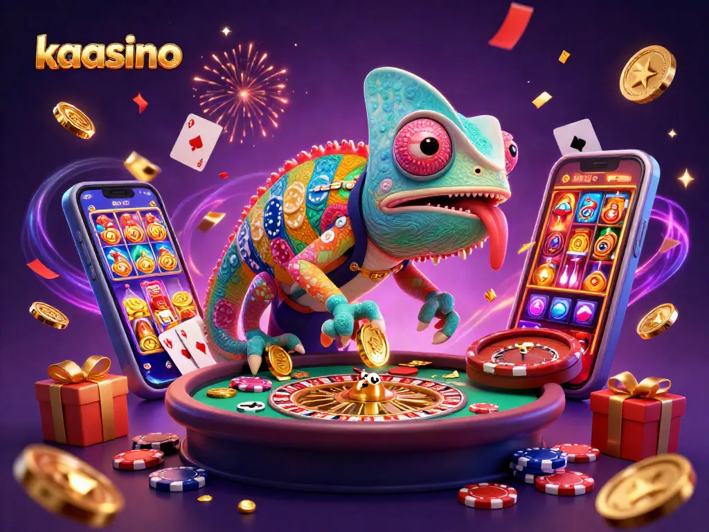 Experience the vibrant excitement of kaasino, where a colorful chameleon captures golden coins amidst dynamic gaming elements.