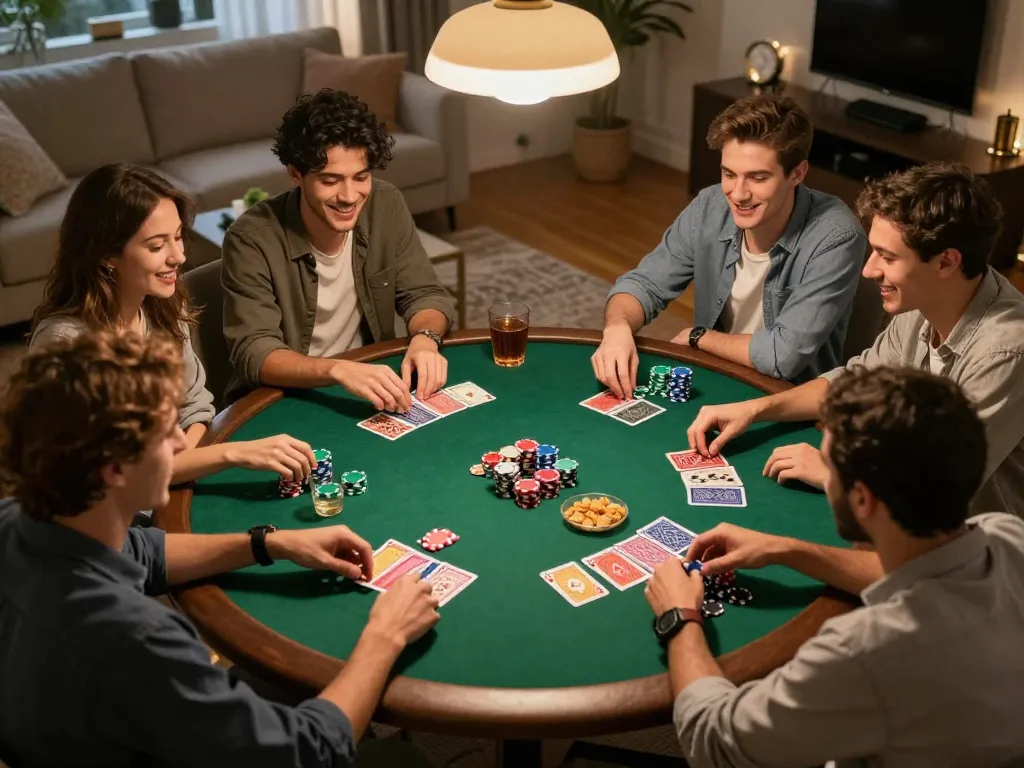 Friends engaging in an exciting poker game at home, showcasing strategies with go8.
