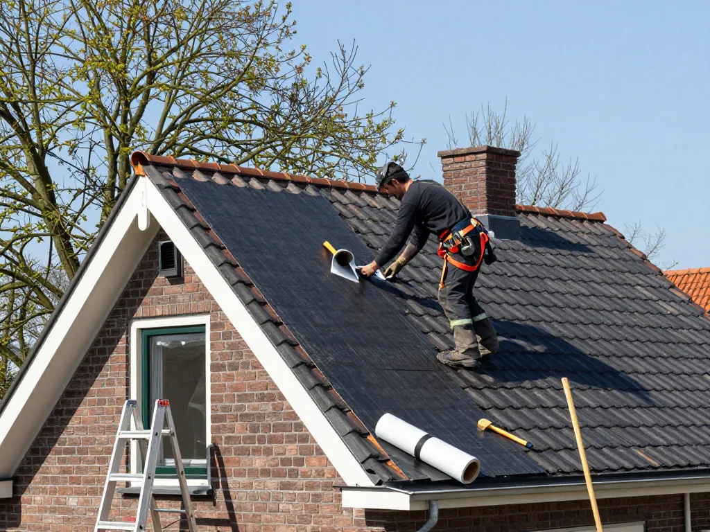 Vakkundige dakdekker Utrecht brengt dakbedekkingsmateriaal aan op een traditioneel huis.