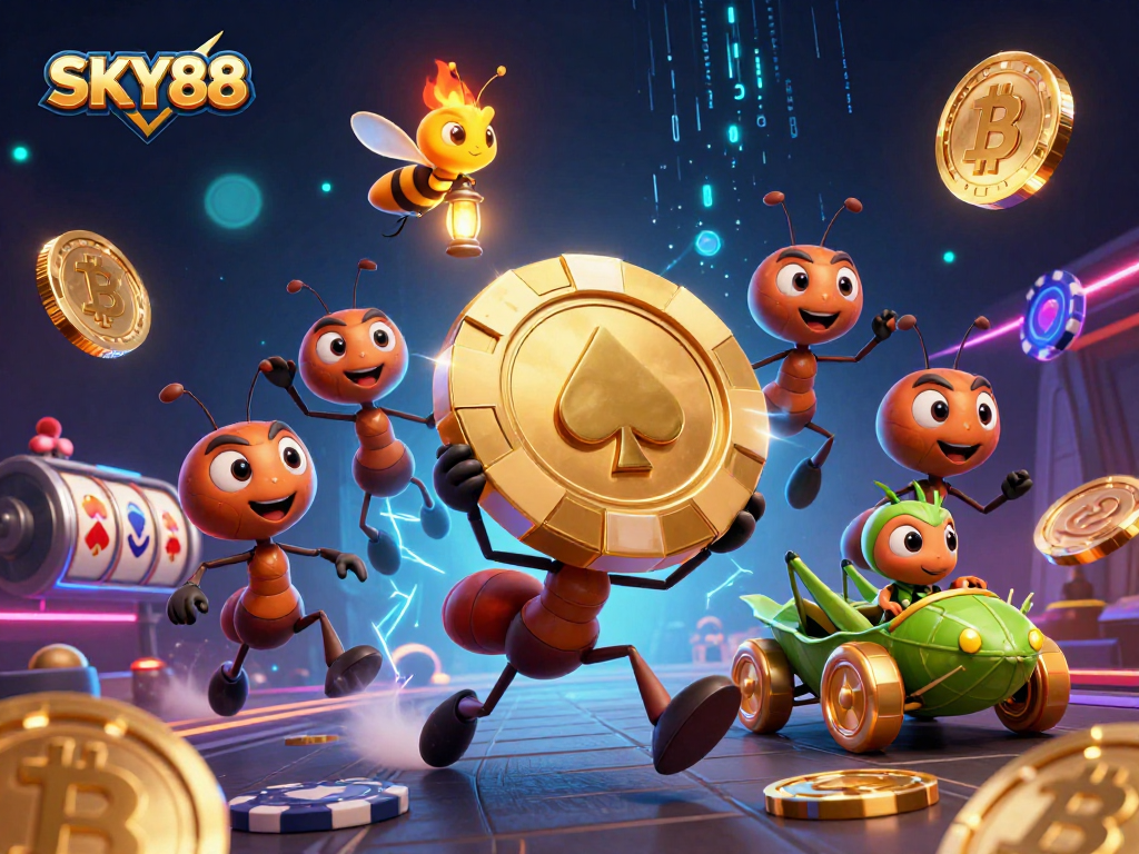 SKY88 showcases a dynamic heist scene with ants and a firefly in a vibrant gambling environment.