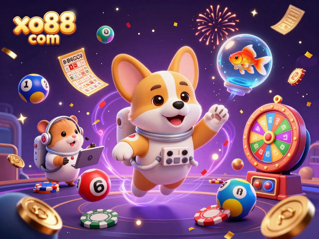 Engage with exciting games at xo88 com, featuring a playful astronaut corgi and casino elements.