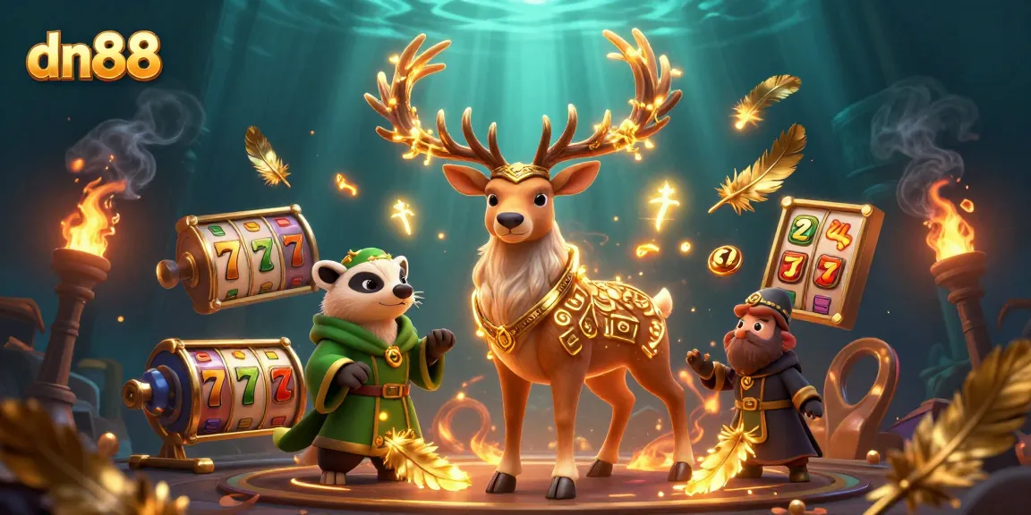 Experience dn88 with a vibrant casino scene filled with slot games, golden elements, and magical characters.