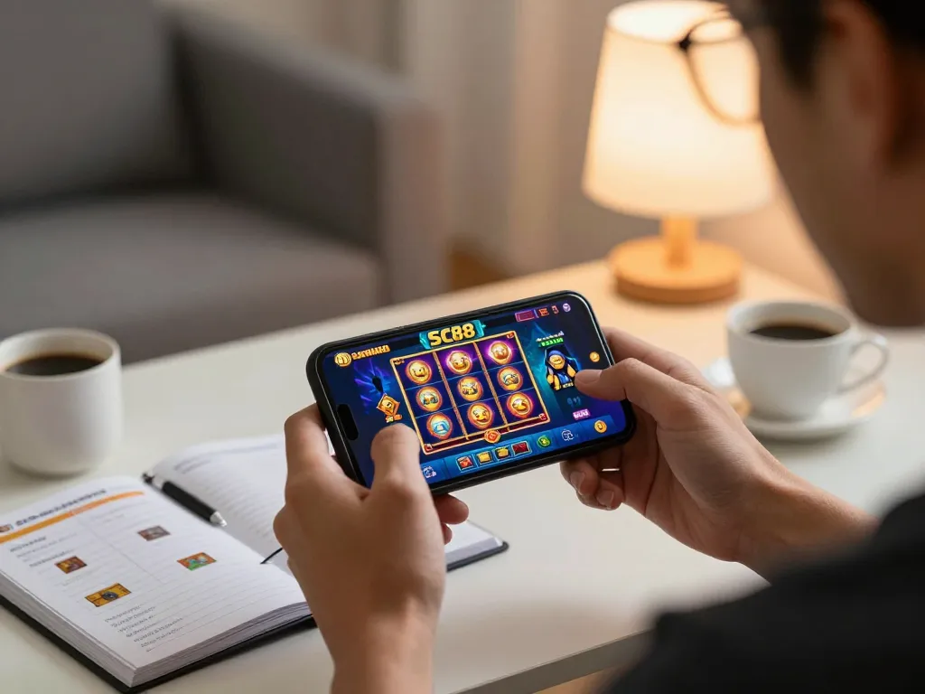 Player engaging with SC88 mobile app, showcasing slot machine interface.