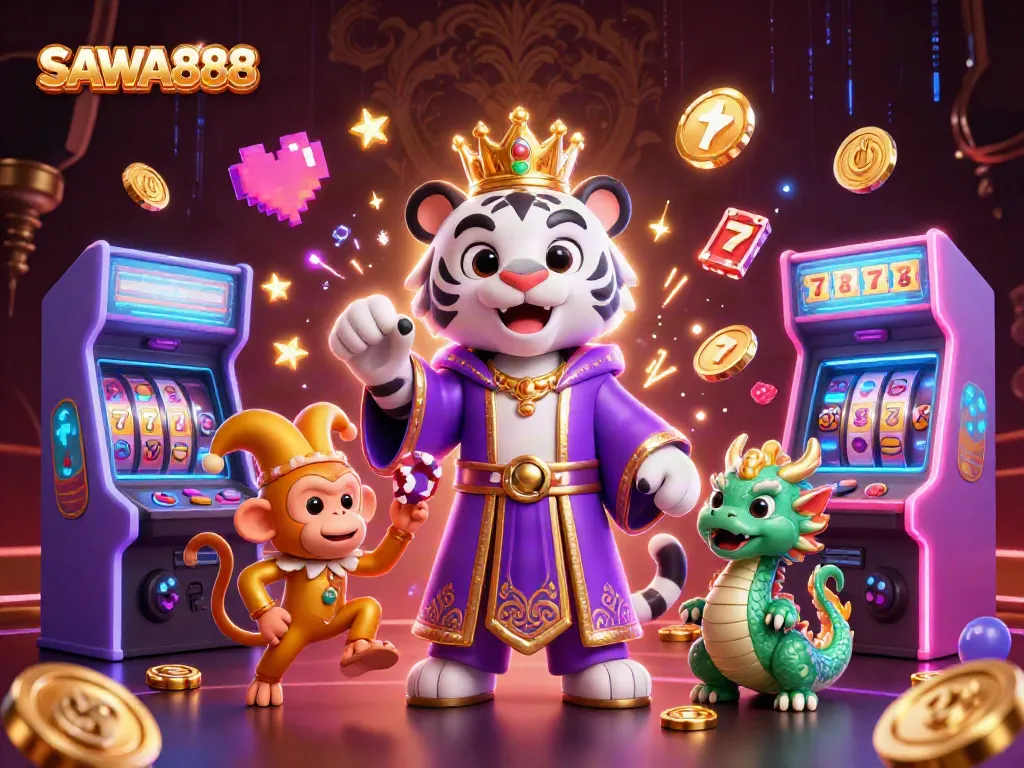 Experience gaming excitement with SAWA888 as a white tiger, monkey, and dragon illuminate the casino world.