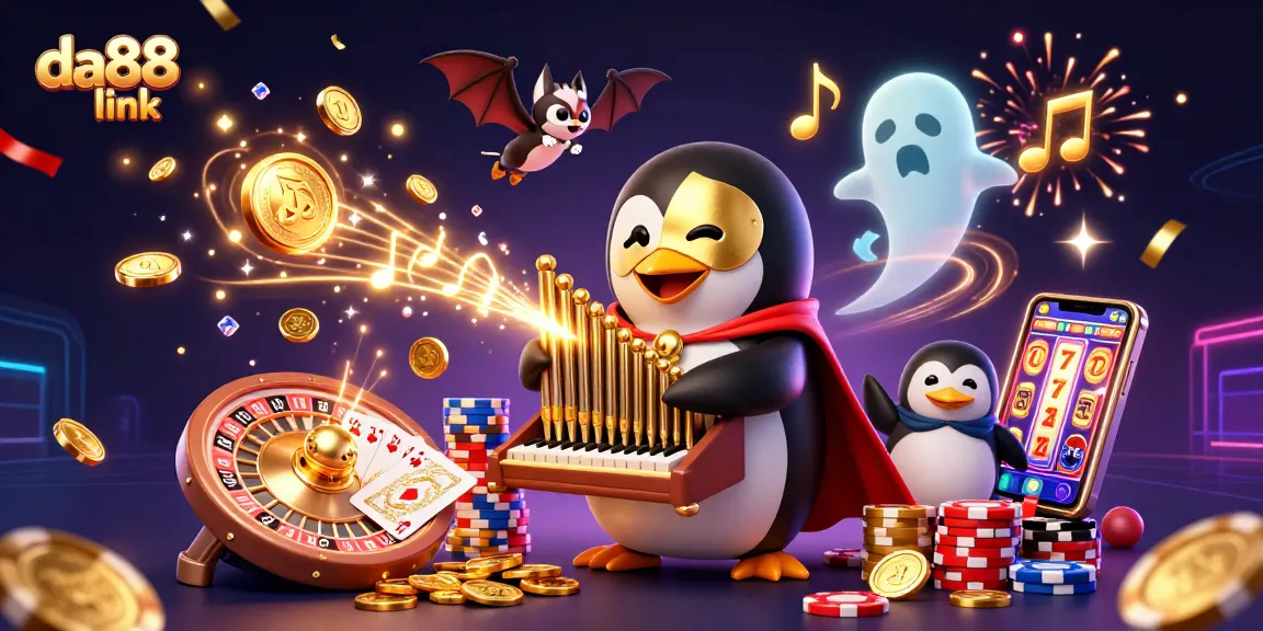 Experience the excitement of da88 link with a vibrant illustration of a phantom penguin playing organ and shooting coins.